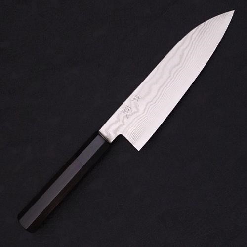 Musashi Santoku thép bạc 3 Damascus cán gỗ mun 165mm